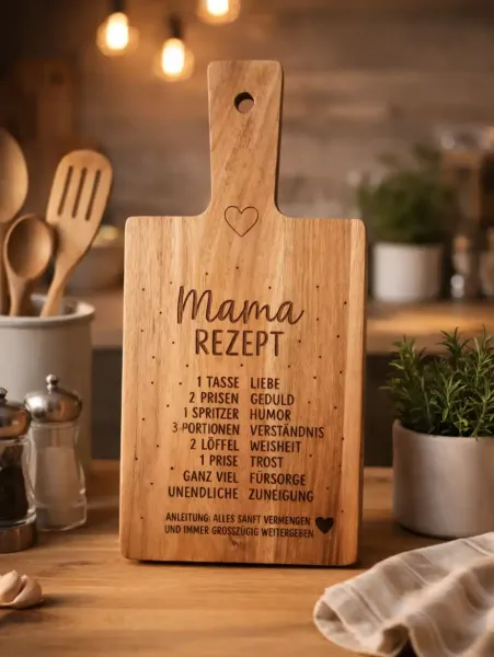 Schneidebrett aus Akazienholz mit Lasergravur - „Mama Rezept“ – Geschenk | Muttertag
